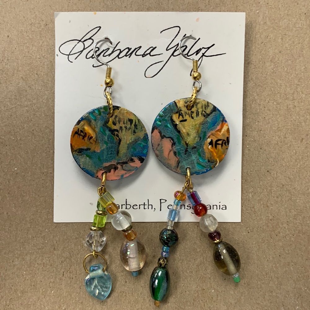 Hand painted map earrings w/beads. Light to wear-1 of a kind globe painting fun